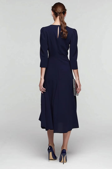 Black And White A-Line V-Neck Midi Work Dress With 3/4 Sleeves